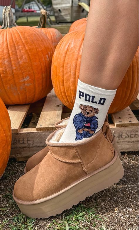 UGG ultra mini platform boots. Polo Ralph Lauren bear socks. Fall shoes. Fall fashion. Fall style Polo Bear Socks, Ugg Ultra Mini Platform, Ugg Socks, Polo Ralph Lauren Bear, Ralph Lauren Bear, Bear Socks, Ugg Ultra Mini, Shoes Fall, Pumpkin Patch Outfit