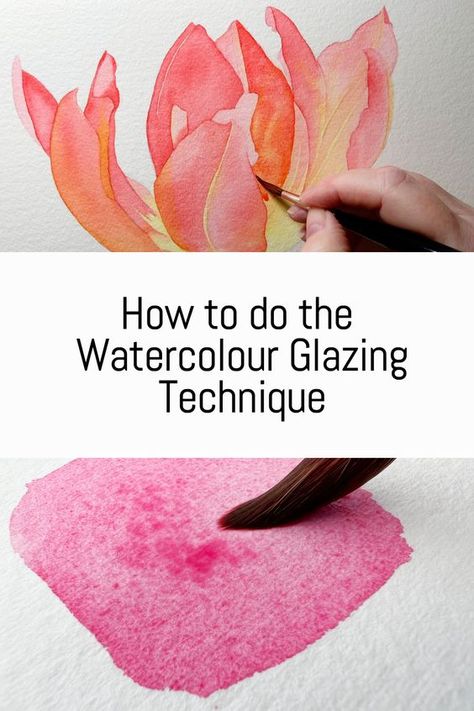 Glazing is useful for creating depth, luminosity, and richness in a watercolor painting. By gradually layering colours, you can create subtle shifts in colour and tone, enhancing the overall vibrancy and complexity of your artwork.  You can also use watercolor glazing to increase color harmony through your painting. Watercolor Glazing, Beginner Watercolour, Watercolor Negative Painting, Watercolour Wash, Easy Flower Painting, Fabric Painting Techniques, Watercolor Flowers Tutorial, Learn Watercolor, Watercolor Tips