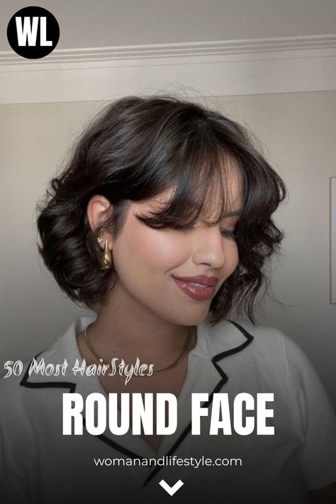 Effortless wavy bob for round faces, adding dimension to the look Curly Short Hairstyles Round Face, Haïr Cut For Round Face Wavy Hair, Short Wavy Bob Round Face, Wavy Bob With Bangs Round Face, Short Hair Styles For Round Faces With Bangs, Short Wavy Hair For Round Face, Wavy Bob Round Face, Short Haircut For Wavy Hair Round Face, Short Wavy Haircuts For Round Faces