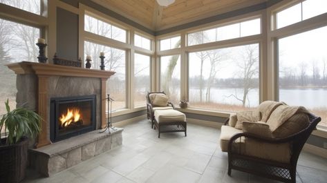 The Benefits of Adding a Fireplace to Your Sunroom Small Sunroom With Fireplace Ideas, Sunroom With Fireplace Ideas, Fireplace Sunroom, Sunroom With Fireplace, Adding A Fireplace, Small Sunroom, All Season Room, Fake Fireplace, 4 Season Room