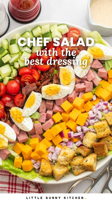 Chef Salad is packed with fresh veggies, meat, cheese, bacon, and eggs. The best creamy chef salad dressing ties everything together. Trendy Salads, Chef Salad Dressing Recipes, Chief Salad Recipes, Chefs Salad Recipes, Chef's Salad Recipes, Chef Salad Recipes For Dinner, Chef Salad Recipes Homemade, Easy Chef Salad, Chef Salad Dressing