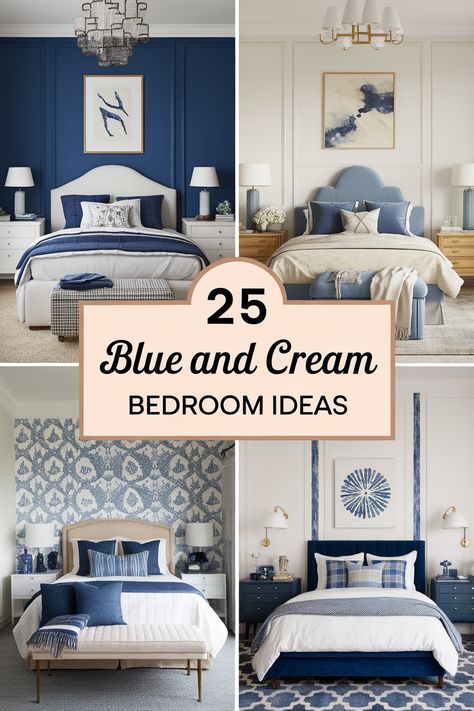 Discover the timeless elegance of blue cream bedrooms with 25 inspiring designs that showcase this classic color combination. Explore various styles and textures, from coastal chic to modern minimalist, and find inspiration for creating a space that is both stylish and serene.  Explore different ways to incorporate blue and cream into your bedroom and create a truly unique and inviting space. Navy And White Bedroom Master Blue Walls, Blue Cream Bedroom Ideas, Teal Modern Bedroom, Navy Blue And White Guest Bedroom, Bedroom With Blue And Gold Accents, White Cream And Blue Bedroom, Bedrooms With Blue Bedding, Bedding For Blue Room, Blue Gray And Cream Bedroom