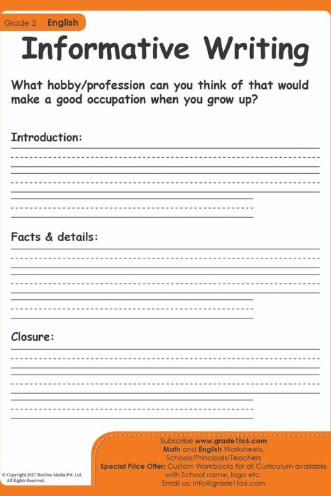 Grade 2 PYP(IB) Informative Writing worksheet. Write the Introduction, Facts & Details and Closure in the prompt given. Ideal for Grade 2 students. Subscribe to www.grade1to6.com for just $25 a year to get 6000 plus Maths and English worksheets for Grade 1 to Grade 6 #mathworksheets #schoolprincipals #englishworksheets Wavy Writing, English Worksheets For Grade 1, Paragraph Writing Worksheets, Creative Writing Essays, Worksheets For Grade 1, English Creative Writing, Informative Writing, Informative Essay, 3rd Grade Writing