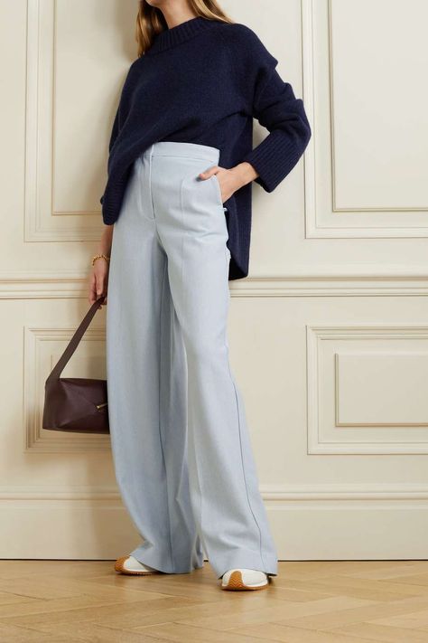 Dress Pants With Sneakers, Blue Wide Leg Pants Outfit, Trousers Outfit Winter, Blue Trousers Outfit, Light Blue Dress Pants, Wide Pants Outfit, Blue Pants Outfit, Baby Blue Pants, Wide Leg Trousers Outfit