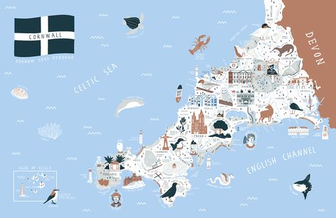 Cornwall Map on Behance Map Of Cornwall, Map Art Illustration, Hill Illustration, Cornwall Map, Pencil Creative, Map Illustration, Local Shops, Devon And Cornwall, Print Map