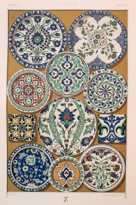 Persian Asian Decorative Ornament (Earthenware Pottery Enamels, Glazes in Green & Blue, etc) - Stunning 1880's Polychrome by Racinet. Medieval Pattern, Turkish Tiles, Earthenware Pottery, Patterned Plates, Persian Pattern, Blue Pottery, Plate Art, Pottery Plates, Flowers Art