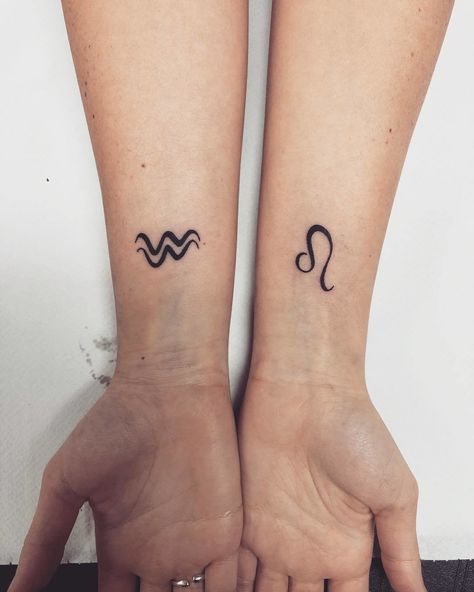 CafeMom.com : Minimalist Sign Zodiac Tattoos : 50 Zodiac Tattoos That Are Out of This World -- Sometimes just the symbol in black ink does the trick! These minimalist arm tattoos are really cute and they have a similar line style that makes them coordinate. Leo Sign Tattoo, Aquarius Constellation Tattoo, Leo Constellation Tattoo, Leo Zodiac Tattoos, Leo Tattoo Designs, Inspo Tattoo, Aquarius Tattoo, Virgo Tattoo, Taurus Tattoos