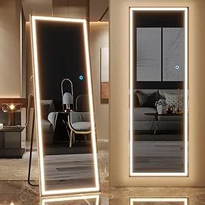 LVSOMT Full Length Tall Floor Mirror with LED Lights, Free Standing, Lighted, Wall Mounted Hanging, Full Body Mirror w/Dimming & 3 Color Lighting for Bedroom (63"x16", White) Tall Floor Mirror, Full Length Mirror With Led Lights, Full Length Mirror With Lights, French Style Mirrors, Lighting For Bedroom, Hanging Bedroom, Color Lighting, Full Body Mirror, Vintage Mirror Wall