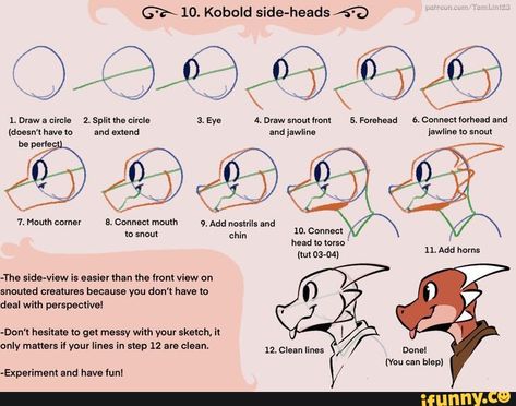 This is adorable :) Kobold Drawing Tutorial, Kobold Anatomy, Closed Eye Tutorial Drawing, Dragon Heads Drawing, How To Draw Kobolds, Dragon Fursona Base, Dragonborn Drawing Reference, Dragon Drawing Sketches Step By Step, Kobold Character Design