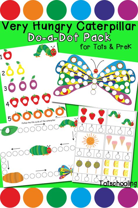 FREE printable Very Hungry Caterpillar Do-a-Dot marker learning pack to practice counting, number recognition, patterns, beginning letter sounds and more! Perfect preschool activity for Spring or for an Eric Carle theme. Eric Carle Activities, The Very Hungry Caterpillar Activities, Word Tracing, Hungry Caterpillar Craft, Hungry Caterpillar Activities, Caterpillar Craft, Gratis Printables, Do A Dot, Adventure Baby