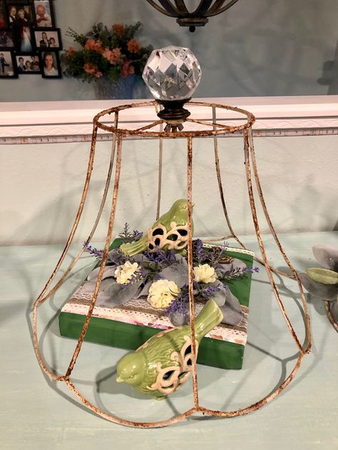 Hanging Birdcage Decor, Wire Cloche Decor Ideas, Birdcage Upcycle, Lampshade Cloche, Glass Cloche Decor, Lamp Shade Crafts, Cloche Decor, Bird Cage Centerpiece, Vintage Store Displays