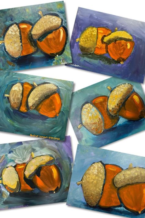 These acrylic acorn paintings were done by kids ages 10-11. This is a fun painting idea for fall! Visit the link to see more! #fallartideas #acornpaintings Acorn Painting, September Art, Elementary School Art, Middle School Art Projects, 2nd Grade Art, Fall Arts And Crafts, Fall Art Projects, 6th Grade Art, 4th Grade Art