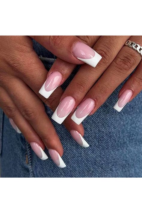 VOTACOS French Tip Press on Nails Long Coffin Fake Nails Pink False Nails with Curved?Design Glossy Stick on Nails for Women 532 Nail Art Dessin, Glossier Pink, Heart Nail, Nagel Tips, Nail Type, Nail Length, Stick On Nails, Girls Nails, Heart Nails