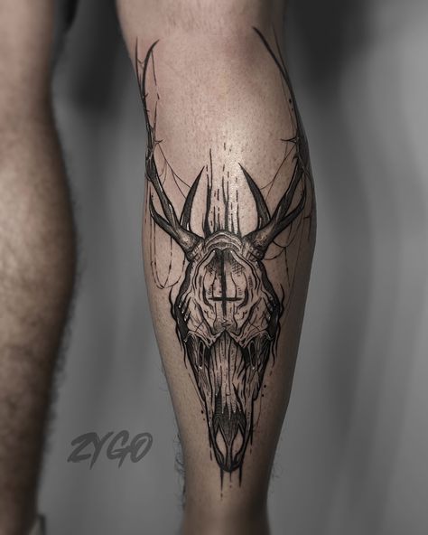 deer skull, tattoo, dark style drawing Deer Skull Shin Tattoo, Antlers Around Knee Tattoo, Viking Knee Tattoo, Deer Leg Tattoo, Deer Skull Knee Tattoo, Deer Knee Tattoo, Antler Knee Tattoo, Skull Shin Tattoo, Deer Skull Tattoo For Men