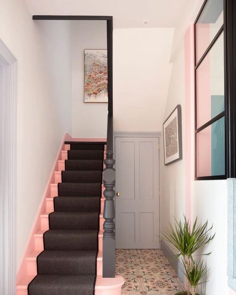 Hallway colour ideas - pink Hallway Colour Ideas, Pink Hallway, Bright Hallway, Hallway Paint, Hallway Colours, Luxury Paints, Hallway Inspiration, Encaustic Cement Tile, Cement Floor