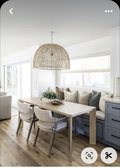 Modern Farmhouse Open Living Room, Breakfast Nook Living Room Combo, Small Dining Room Hacks, Off Centered Dining Room Light, Scandinavian Banquette, Vaulted Ceiling Before And After, Modern Breakfast Nook Ideas, Combined Kitchen Dining Room, Dining Nook Ideas