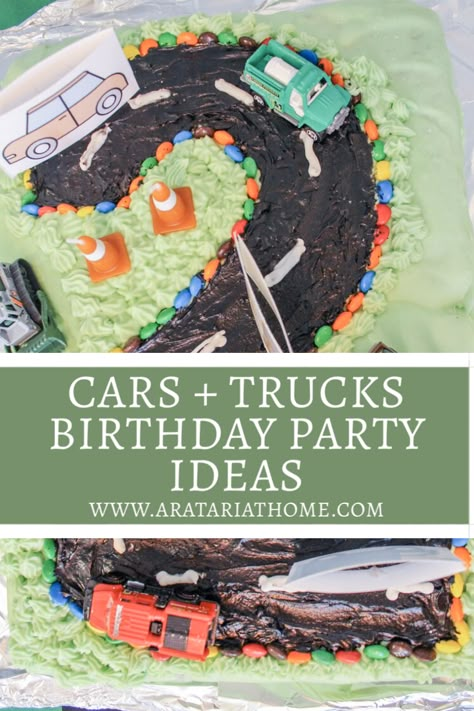 Trucks Party Theme, Cars And Trucks Birthday Party Ideas, Trucks Two Birthday, Cars And Trucks Birthday Party Decorations, Cars And Trucks 3rd Birthday Party, 2nd Birthday Cars And Trucks, Two Year Old Birthday Party Trucks, Transportation Theme Birthday Party Cake, Vehicle First Birthday Party