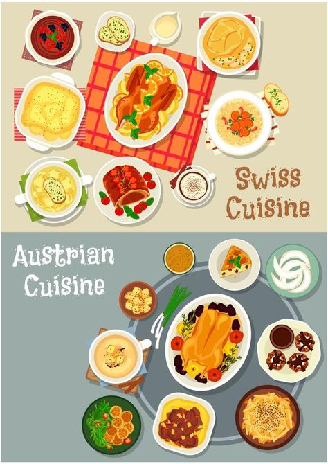 Austrian and swiss cuisine tasty lunch icon set Swiss Cuisine, Austrian Cuisine, Tasty Lunch, Icon Set, Digital Art, Art