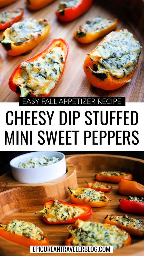 Easy fall appetizer recipe for cheesy dip-stuffed mini sweet peppers Sharable Appetizers, Handheld Appetizers, Heavy Hors D’oeuvres, Fall Appetizers Easy, Sweet Pepper Recipes, Sweet Potatoe Bites, Mini Sweet Peppers, Sides Dishes, Culinary Classes