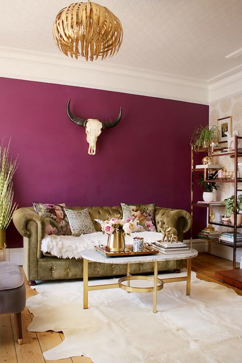 plum living room with gold accents and olive green velvet sofa Plum Living Rooms, Plum Living Room, Purple Living Room, Living Room Wall Color, Style Salon, Gold Living Room, Purple Decor, Purple Walls, Meditation Room