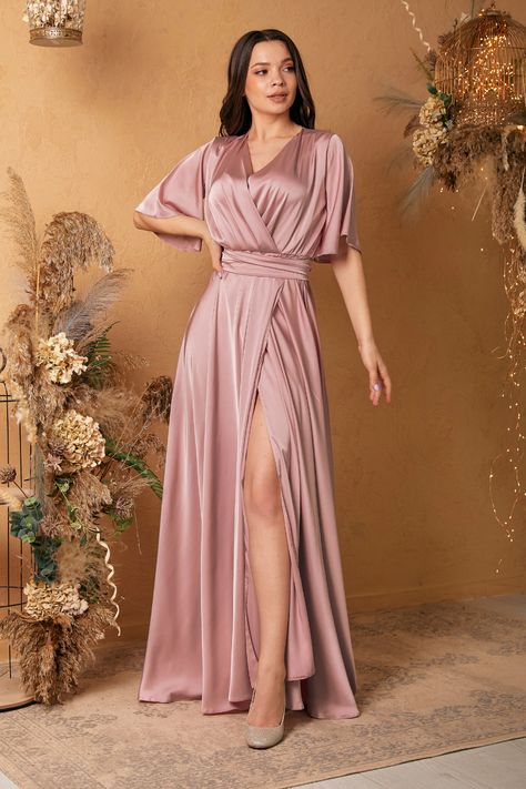 Loose Bridesmaid Dress, Pink Silk Dress Short, Dress Bridesmaid Satin, Satin Dresses Short, Charmeuse Bridesmaid Dress, Sleeve Bridesmaid Dress, Pink Bridesmaid Dresses Long, Dusty Pink Bridesmaid Dresses, Satin Ruffle Dress