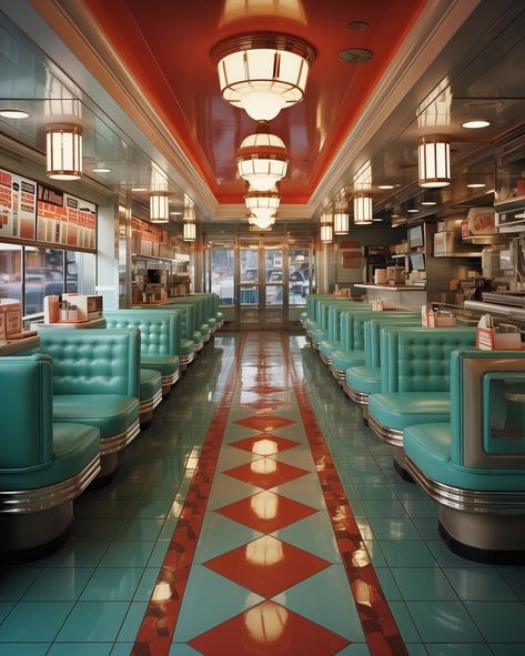 @orangeglasses • Instagram photos and videos Retro Futurism Restaurant, Retro Cafe Interior, Futuristic Restaurant, Classic American Diner, Diner Aesthetic, 50's Diner, Arcade Bar, American Bar, 50s Diner