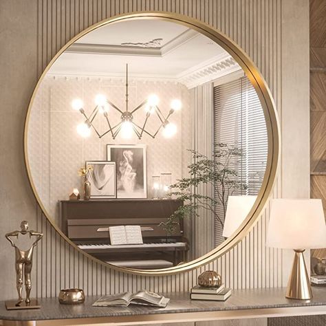 Gold Circle Mirror, Round Bathroom Mirror, Black Round Mirror, Round Gold Mirror, Minimalist Farmhouse, Mirror For Wall, Round Bathroom, Colored Mirror, Backlit Mirror