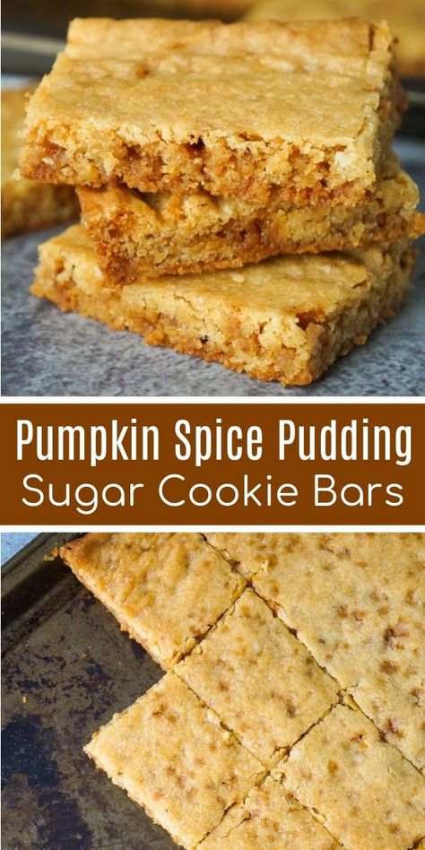 Pumpkin Spice Pudding Sugar Cookie Bars are an easy fall dessert recipe. These simple sugar cookie bars are made with Betty Crocker sugar cookie mix, pumpkin pie spice and toffee bits. Betty Crocker Sugar Cookie, Pumpkin Spice Pudding, Betty Crocker Sugar Cookie Mix, Autumn Dishes, Pan Desserts, Betty Crocker Sugar Cookies, Fall Dessert Recipes Easy, Pumpkin Sugar Cookies, Recipes Pumpkin