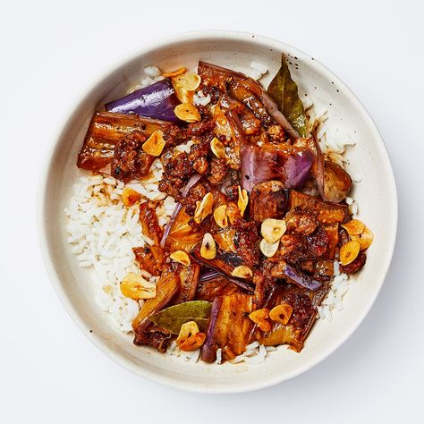 Adobo-Style Eggplant Recipe | Bon Appétit Garlic Chips, Pork Chicken, Cooking White Rice, National Dish, Vegan Sausage, Food Channel, Eggplant Recipes, Vegetarian Dinner, Bay Leaves