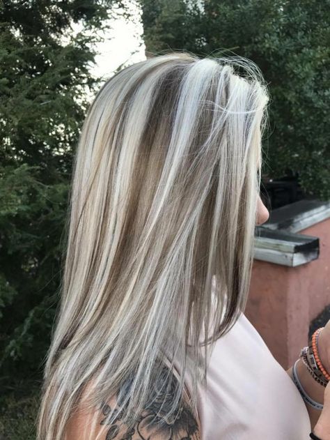 Iced Blonde Highlights, Ice Blonde With Brown Lowlights, Fall Ice Blonde Hair Color, Platinum Blonde Hair With Chunky Lowlights, Blonde And White Highlights, Blonde Chunky Lowlights, Skunk Hair More Blonde, Blonde And White Hair Highlights, White Blonde With Dark Lowlights