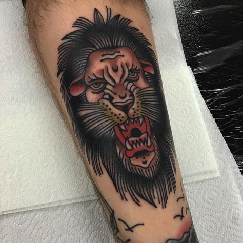 Thanks Chris! Mandatoryrain@hotmail.co.uk Traditional Lion Tattoo, Lion And Lioness Tattoo, Tattoo Sleeve Filler, Traditional Black Tattoo, Traditional Tattoo Old School, Lioness Tattoo, Lion Head Tattoos, Old School Tattoo Designs, Traditional Tattoo Design