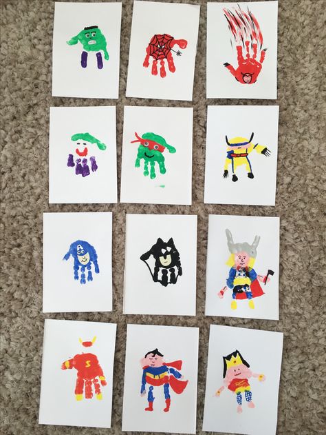 Superhero Handprints Super Heroes Arts And Crafts, Superhero Handprint Craft, Superhero Art For Toddlers, Superhero Toddler Crafts, Superhero Toddler Activities, Superhero Fathers Day Ideas, Superhero Crafts For Toddlers, Handprint Superhero, Superhero Arts And Crafts