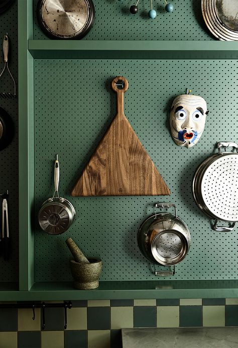 Julia Child’s Pegboard Is Back and Better Than Ever in This Green Kitchen Pegboard Wall, Kitchen Organization Ideas, 1950s House, How To Store, Low Tech, Green Frame, Julia Child, New And Improved, Green Kitchen