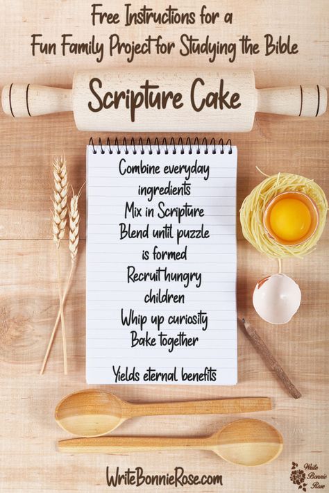 Scripture Cake - A Fun Family Project for Studying the Bible - WriteBonnieRose.com Scripture Cake Recipe, Scripture Cake, Genesis Bible Study, Esther Bible Study, Christian Cakes, Studying The Bible, Homeschool Freebies, Family Devotions, Bible Study For Kids