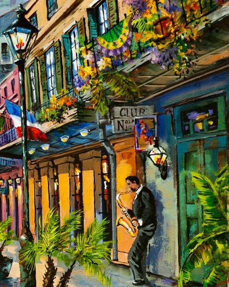 Exchange Alley, Jazz Sax, Impressionist Street Scene, New Orleans French Quarter, Balconies, Galleri French Quarter Art, Jazz Painting, New Orleans Architecture, New Orleans History, New Orleans Art, Louisiana Art, New Orleans French Quarter, Drop Ceiling, Jazz Art