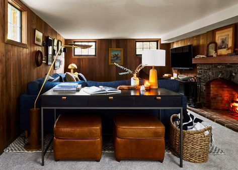 Cozy Movie Room Ideas Comfy Couches, 1970s Basement, Modern Log Cabin, Log Cabin Ideas, Low Bookcase, Cozy Basement, Oak Console Table, Glass Front Cabinets, Emily Henderson