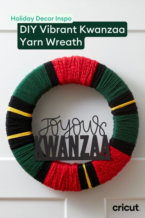 This Kwanzaa wreath is the perfect vibrant addition to your front door! This craft is also perfect for beginners. Find the full project instructions on our Design Space platform. Kwanzaa Wreath, Kwanzaa Decorations, Diy Yarn, Yarn Wreath, Wreath Diy, Kwanzaa, Design Space, Step By Step, Wreath