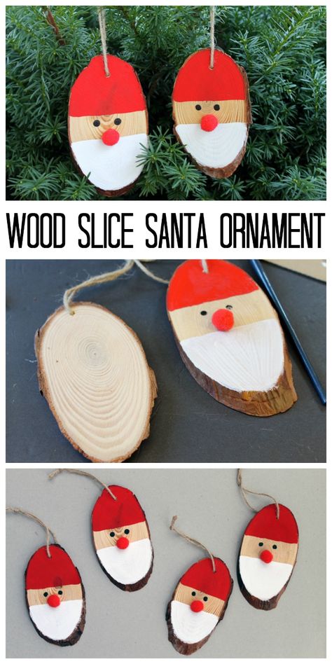 Wood Slice Santa Ornament for your Christmas Tree - a quick and easy holiday craft idea! Perfect for crafting with kids! Wood Slice Santa, Diy Santa Ornaments, Christmas Diy Kids, Easy Holidays Crafts, Wooden Christmas Crafts, Diy Santa, Craft For Kids, Christmas Crafts For Kids, Christmas Wood