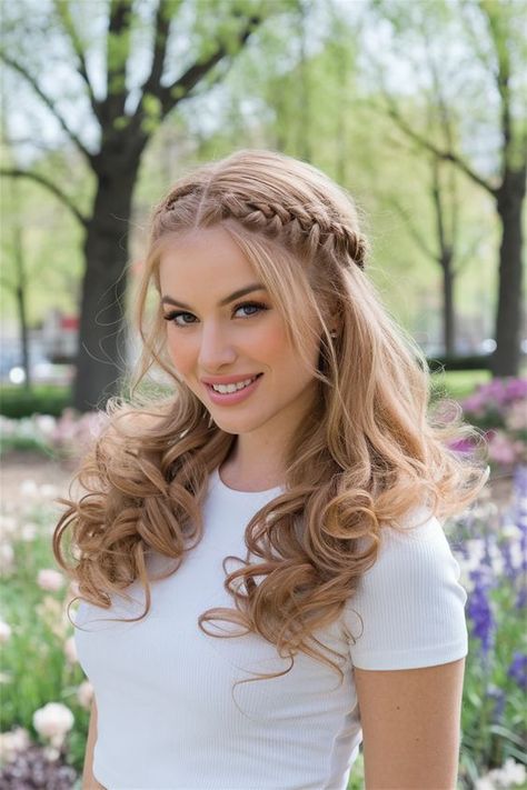 Wedding Hairstyles Down With Braid, Braid Crown With Curls, Braided Front Hair, Wedding Side Braid Hairstyles, Curled Hair For Prom, Half Braided Hair, Bridesmaid Braided Hairstyles, 2 Braided Pigtails, Soft Curls For Long Hair