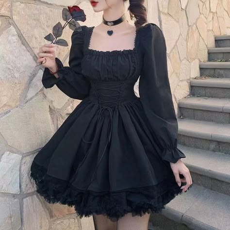 Add character to your loo with this women's lolita high waist vintage lace trim party gothic dress! buy now at rebelsmarket! Black Dress Goth, Black Long Sleeve Mini Dress, Gothic Clothes, Lace Party Dresses, Kawaii Dress, Cottagecore Dress, Goth Dress, Goth Aesthetic, Gothic Dress