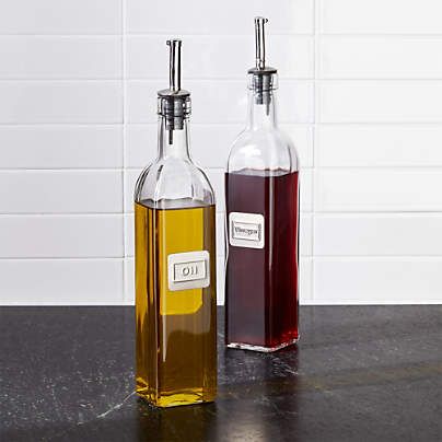 2-Piece Oil & Vinegar Cruet Set + Reviews | Crate and Barrel Kitchen Counter Styling Ideas, Chip And Dip Sets, Vinegar Bottle, Plastic Crates, Oil Shop, Oil Bottle, Kitchen Items, Unique Furniture, Food Storage Containers