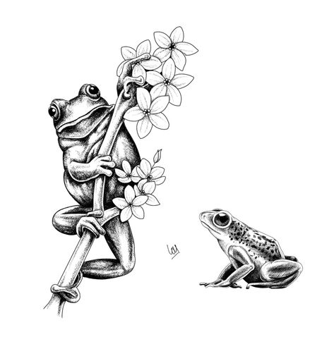 Flower Frog Tattoo, Back Of Thigh Tattoo, Tree Frog Tattoos, Wildlife Tattoo, Sister Tattoo, Frog Tattoos, Pencil Painting, Leg Sleeve, Tree Frog