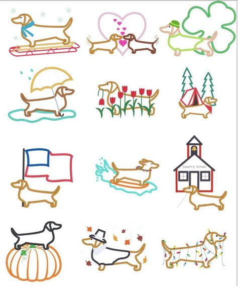 Embroidery Items To Sell, Dog Embroidery Patterns, Dachshund Applique, Dachshund Embroidery, Arte Dachshund, Dog Applique, Embroidery Machine Designs, Dachshund Pattern, Puppy Snuggles