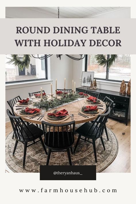 Christmas Round Kitchen Table, Christmas Table Decorations For Round Tables, Circle Dining Table Christmas Decor, Round Table Xmas Decor, Round Holiday Table Setting, Setting A Round Table For Christmas, White Dinning Room Decor Ideas, Round Dining Table Decor Christmas, Round Table Setting Christmas