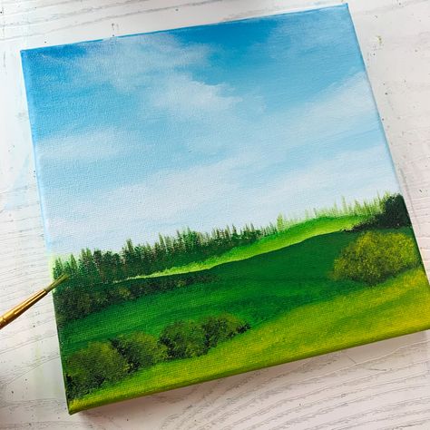 Blue Green Landscape Painting, Easy Green Paintings For Beginners, Meadow Painting Acrylic Easy, Blue And Green Painting Ideas Easy, Blue Sky Landscape Painting, Blue Sky Painting Easy, Blue Sky Painting Acrylic, Simple Sky Painting, Blue Sky Watercolor