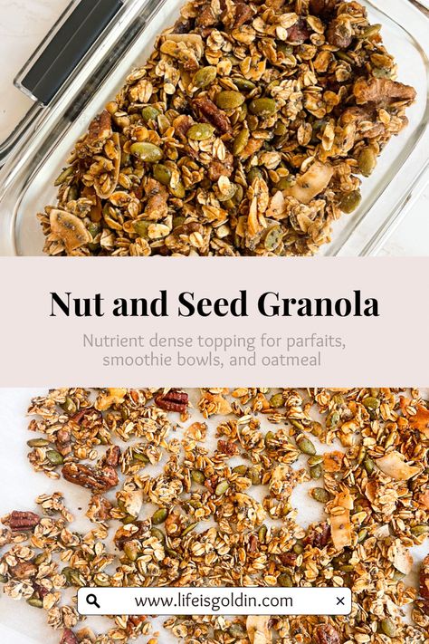 Nut and seed granola recipe Granola With Nuts And Seeds, Nut And Seed Granola, Thick Foods, Cereal Mixes, Fruit And Nut Granola, Granola Life, Seed Granola, Granola Bowl, How To Make Granola