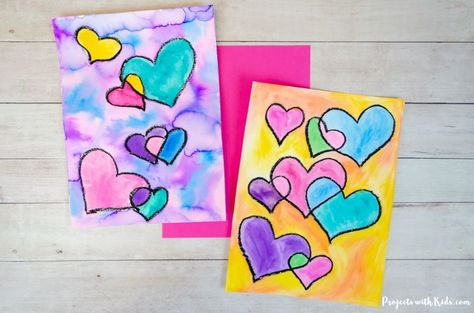 Kids will use an easy watercolor resist technique to make this colorful watercolor heart art! Click through for an easy to follow step-by-step tutorial. Water Colors Painting Easy, Bunny Art Projects, Watercolor Resist, Watermelon Painting, Firework Painting, Fall Tree Painting, Fireworks Art, Chalk Pastel Art, Spring Art Projects