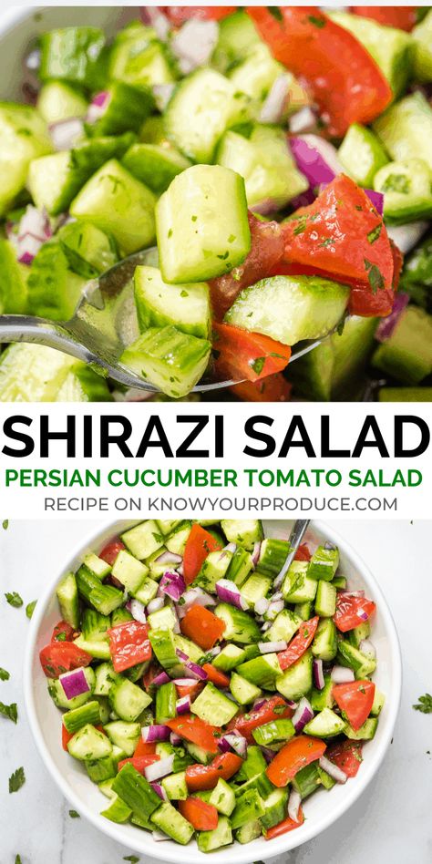 Shirazi Salad with Fresh Mint (Persian Cucumber Tomato Salad) Shepherd Salad, Salad Shirazi, Persian Salad, Beautiful Salads, Shirazi Salad, Amazing Salads, Keto Veggies, Everyday Dinners, Keto Salads