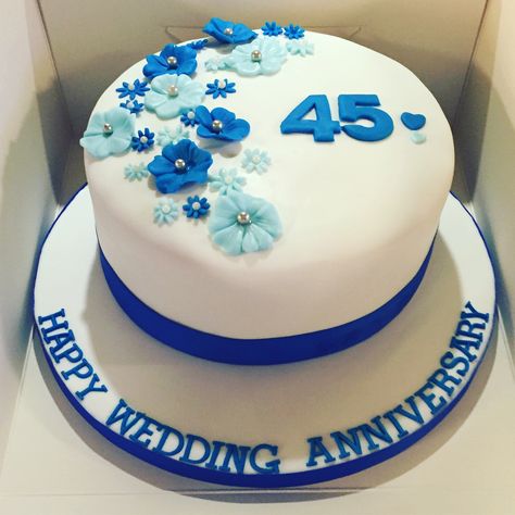 45th wedding anniversary cake #blueflowers #sapphireanniversary Blue And Gold Anniversary Cake, 45 Anniversary Cake, 45th Anniversary Cake, 45th Wedding Anniversary Cake, 65th Anniversary Cake, 45th Wedding Anniversary Party Ideas, 45 Wedding Anniversary, Wedding Anniversary Cake Ideas, 45 Anniversary