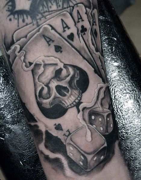 Mens Smoking Dice Tattoo With Playing Cards On Arm Eightball Tattoo, Dice Tattoos, Card Tattoos, Playing Card Tattoos, Cards Tattoo, Dice Tattoo, Muster Tattoos, Gambling Cake, Gambling Tattoo